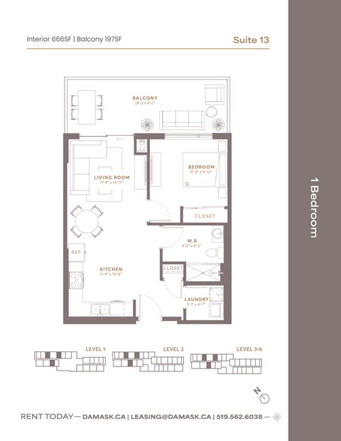 Floor plan for 1 bed, 1 bath, 666 sqft